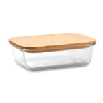 Lunchbox en verre avec couvercle en bambou et bande en silicone. Contenance 900 ml. Le bambou est un produit naturel