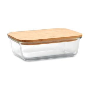 Lunchbox en verre avec couvercle en bambou et bande en silicone. Contenance 900 ml. Le bambou est un produit naturel