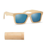 Lunettes de soleil entièrement en bambou avec des verres miroir colorés présentées dans un étui en bambou. Protection UV400.-Bois-8719941056367