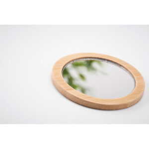 Miroir de poche simple face en bambou arrondi. Présenté dans une pochette à  cordon en coton.-Bois-8719941055612-6