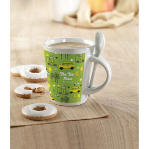 Mug en grès émaillé de 300ml avec petite cuillère insérée dans l'anse. Revêtement spécial sublimation. Emballage individuel dans une boîte en carton blanc.-Blanc-8719941006720-5