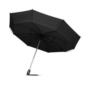 Parapluie 23'' réversible ouverture/fermeture auto 3 plis en pongé 190T. Mât en acier chromé. Baleines en fibre de verre. Revêtement intérieur noir 1 morceau. Poignée ABS bouton. Pochette assortie.-Noir-8719941011328-2