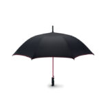 Parapluie tempête ouverture auto en pongee 190T avec mât en fibre de verre et embouts en plastique noir. Panneaux noir avec coutures assorties. Poignée en plastique noir. Fermeture manuelle. Diam: 102 cm. Long. mât : 58