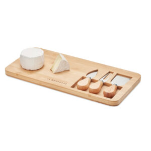 Planche à  fromage en bambou avec 2 couteaux de service et une fourchette.-Bois-8719941055735-5