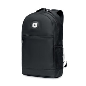 Sac à  dos en RPET 600D avec lumière COB amovible à  l'avant. Lampe COB de couleur blanche avec 3 réglages de luminosité différents. Poche avant avec fermeture velcro. Poche en filet sur le côté. Pile bouton incluse.-Noir-8719941050006