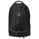 Sac à  dos noir avec façade en couleur contrastée. Polyester 600D. Cordon de décoration sur le devant. Poches filet sur les deux côtés.-Noir-8719941019072-1