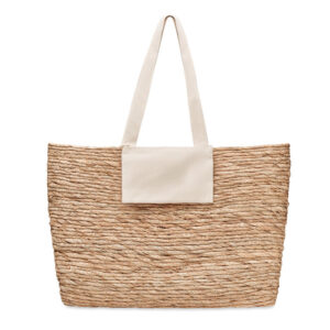 Sac de plage ou de shopping en feuilles de massette (Typha) tissées avec pochette et sangles en toile.-Beige-8719941056701-3