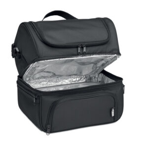 Sac isotherme en RPET 600D comprend une boîte à  lunch réutilisable en PP d'une capacité de 1900ml. Avec 2 sections. Bandoulière réglable et détachable. Doublure en aluminium de 2 mm.-Noir-8719941053915-1