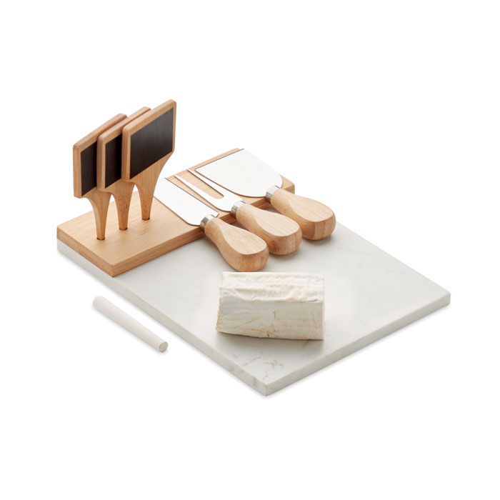 Planche de service à  fromage en marbre avec 3 couteaux à  fromage en bambou et acier inoxydable et 3 marqueurs d'apéritif et 1 craie. Présentés dans une boîte cadeau.-Bois-8719941054004-2