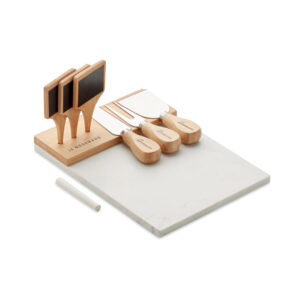 Planche de service à  fromage en marbre avec 3 couteaux à  fromage en bambou et acier inoxydable et 3 marqueurs d'apéritif et 1 craie. Présentés dans une boîte cadeau.-Bois-8719941054004-5
