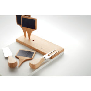 Planche de service à  fromage en marbre avec 3 couteaux à  fromage en bambou et acier inoxydable et 3 marqueurs d'apéritif et 1 craie. Présentés dans une boîte cadeau.-Bois-8719941054004-6