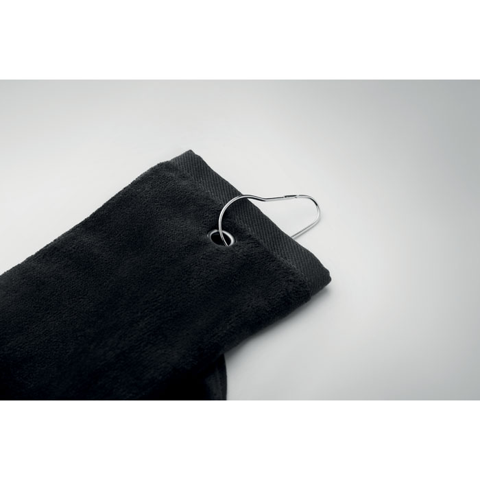 Serviette de golf en coton avec un trou en cuivre et un anneau sur le dessus pour la suspendre. 350 gr/m². Taille de la serviette : 40x60 cm.-Noir-8719941057227-6