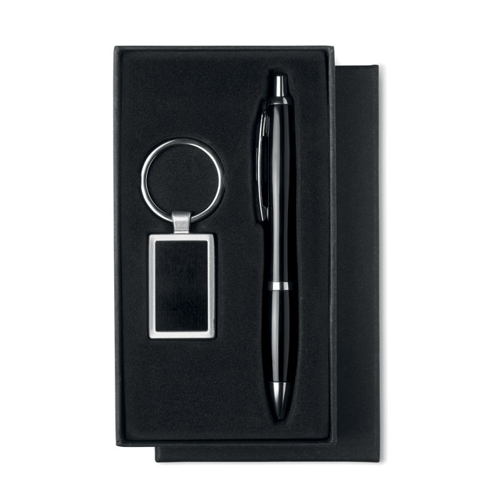 Set cadeaux attractif dans boîte en carton noire incluant un stylo bille twist plastique/métal et un porte-clés assorti avec plaque pour logo. Encre bleue.-Noir-8719941008748-1