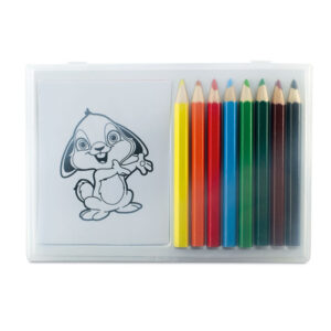 Ensemble de coloriage dans une boîte contenant 8 crayons de couleur en bois et 20 feuilles de coloriage