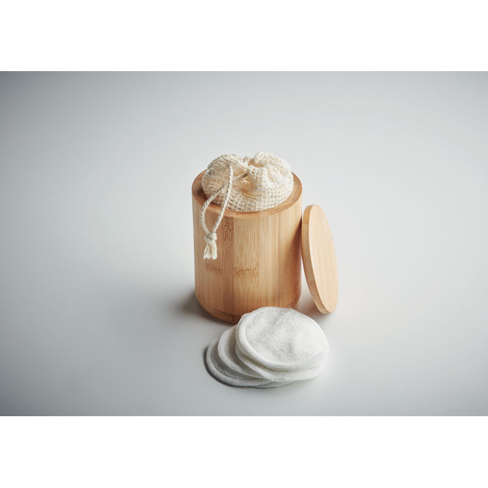 20 tampons nettoyants réutilisables pour le visage en fibre de bambou présentés dans une boîte en bambou. Comprend un sac en filet de coton idéal pour le lavage des tampons.-Bois-8719941054240-6