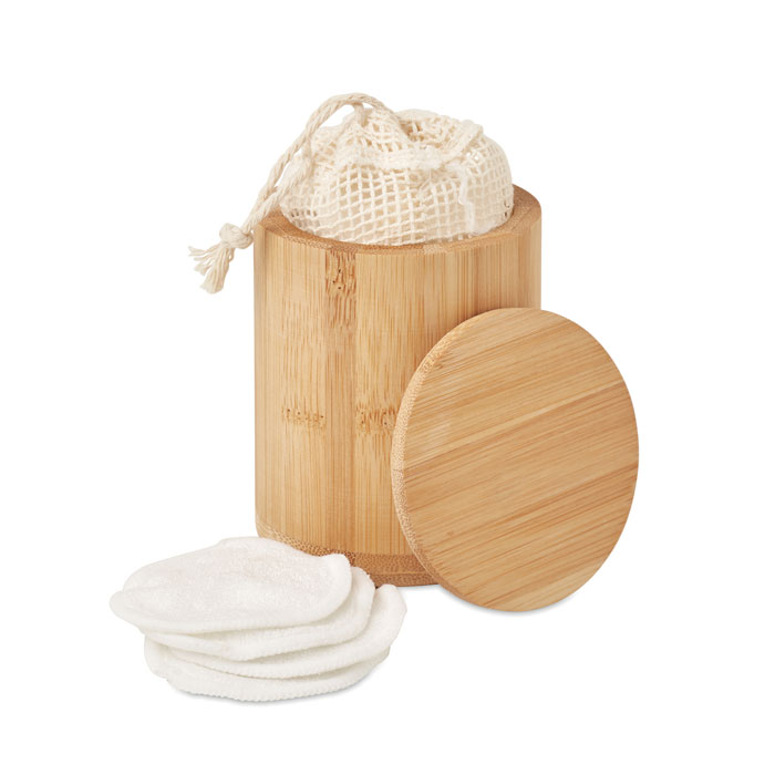 20 tampons nettoyants réutilisables pour le visage en fibre de bambou présentés dans une boîte en bambou. Comprend un sac en filet de coton idéal pour le lavage des tampons.-Bois-8719941054240