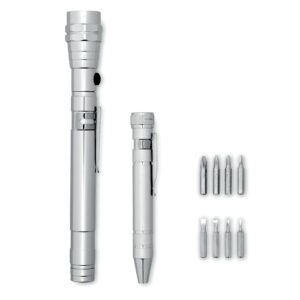 Set d'outils avec torche en aluminium extensible à  3 LED et multi-outils aluminium en forme de stylo. Comprend 4 tournevis cruciformes et 4 plats. 4 piles LR44 incluses. Présentés dans une boîte.-Argent-8719941010512-3