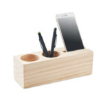 Station de bureau en bois avec porte stylo et téléphone et un gobelet contenant des graines de trèfle et substrat.-Bois-8719941055636-2