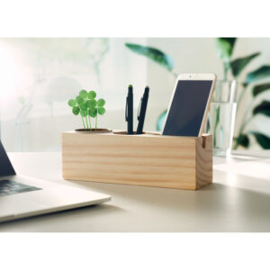 Station de bureau en bois avec porte stylo et téléphone et un gobelet contenant des graines de trèfle et substrat.-Bois-8719941055636-4