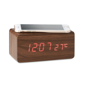 Horloge  avec affichage LED. Fonction réveil et affichage de la température. Fonction de chargement sans fil en MDF. Adaptateur AC-DC à  2 broches inclus. Ne convient pas pour une utilisation en UK.-Bois-8719941034860-2