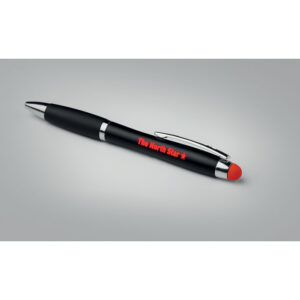 Stylo à  bille en ABS avec stylet. Une lumière est incluse dans le corpsdu stylo qui éclaire le logo UNIQUEMENT VALABLE AVEC GRAVURE LASER. 3piles AG3 incluses. Encre bleue.-Rouge-8719941010680-4