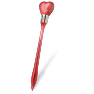 Stylo à  bille avec encre bleu en plastic avec une tête en forme de coeur en caoutchouc souple et d'une lampe clignotante qui s'allume au moindre choc. équipé de 3 piles bouton.-Rouge-8719941017870-1