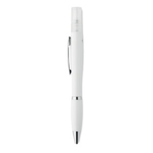 Stylo à  bille antibactérien à  bouton-poussoir avec corps en ABS et vaporisateur rechargeable (4ml) livré vide. ISO 22196. Encre bleue.-Blanc-8719941050532-2
