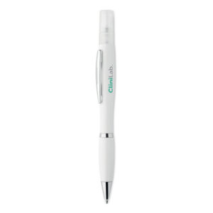 Stylo à  bille antibactérien à  bouton-poussoir avec corps en ABS et vaporisateur rechargeable (4ml) livré vide. ISO 22196. Encre bleue.-Blanc-8719941050532-3