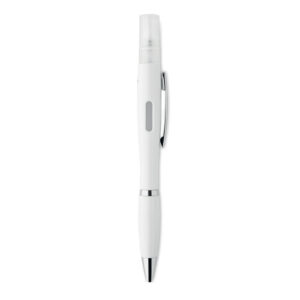 Stylo à  bille antibactérien à  bouton-poussoir avec corps en ABS et vaporisateur rechargeable (4ml) livré vide. ISO 22196. Encre bleue.-Blanc-8719941050532-5