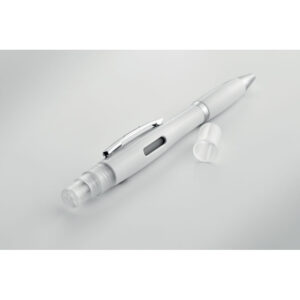 Stylo à  bille antibactérien à  bouton-poussoir avec corps en ABS et vaporisateur rechargeable (4ml) livré vide. ISO 22196. Encre bleue.-Blanc-8719941050532-6