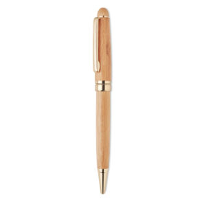 Coffret cadeau avec stylo à  bille torsadée dans une boîte en bambou. Encre bleue. Le bambou est un produit naturel
