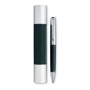 Stylo bille métal avec finitions argent chromé et cuir livré dans boîte tube aluminium.-Noir-8719941002630