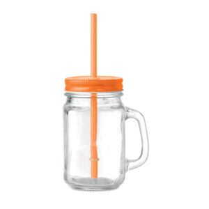 Tasse en  verre avec poignée et couvercle en aluminium. Comprend une paille en PP. Contenance 450 ml.-Orange-8719941039728