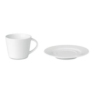 Tasse à  capuccino conique en porcelaine avec sous tasse. Contenance: 180 ml. Emballage en vrac. La tampographie ne résiste pas au lave vaisselle. Le transfert céramique est résistant au lavage.-Blanc-8719941030152-1