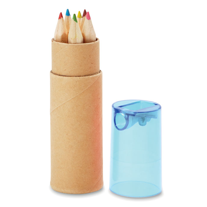 6 crayons de couleurs dans un tube cartonné avec taille crayon-Transparent Bleu-8719941022676-1