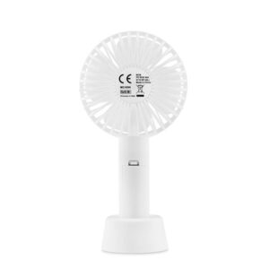 Small portable fan with additional stand to use as desk fan. 3 levels ofspeed. USB port rechargeable battery 2000 mAh.-Blanc-8719941039674-1