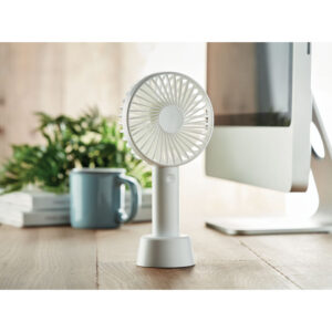 Small portable fan with additional stand to use as desk fan. 3 levels ofspeed. USB port rechargeable battery 2000 mAh.-Blanc-8719941039674-4