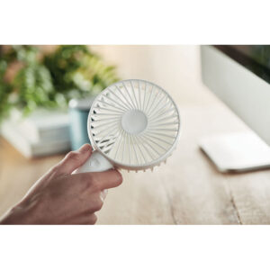 Small portable fan with additional stand to use as desk fan. 3 levels ofspeed. USB port rechargeable battery 2000 mAh.-Blanc-8719941039674-6