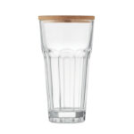 Gobelet en verre réutilisable avec couvercle en bambou qui peut également être utilisé comme sous-verre. Capacité : 300 ml.-Transparent-8719941056329-1