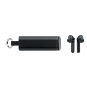 écouteurs sans fil True Wireless Stereo (TWS) 5.0 avec batterie rechargeable de 35 mAh intégrée. Durée de lecture d'environ 3 heures. Comprend un câble de recharge micro USB et une station de recharge de 250 mAh. Avec porte-clés et support pour téléphone.-Noir-8719941053311-1