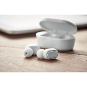 écouteurs stéréo sans fil True Wireless Stereo (TWS) 5.0 en ABS recyclé avec batterie 40 mAh intégrée. Durée d'écoute d'environ 4 heures. Comprend un câble de charge micro USB et une station de charge de 300 mAh.-Blanc-8719941053342-4